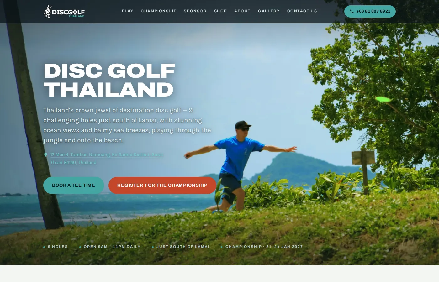 Disc Golf Thailand homepage — 9-hole beachfront disc golf on Koh Samui.