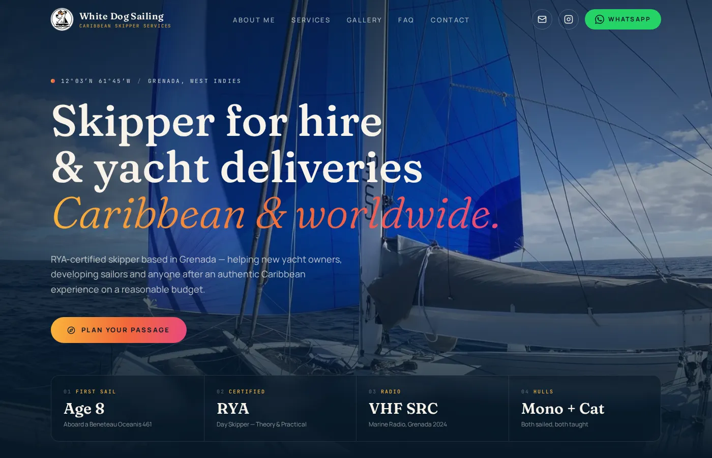 White Dog Sailing homepage — skipper for hire and yacht deliveries from Grenada.